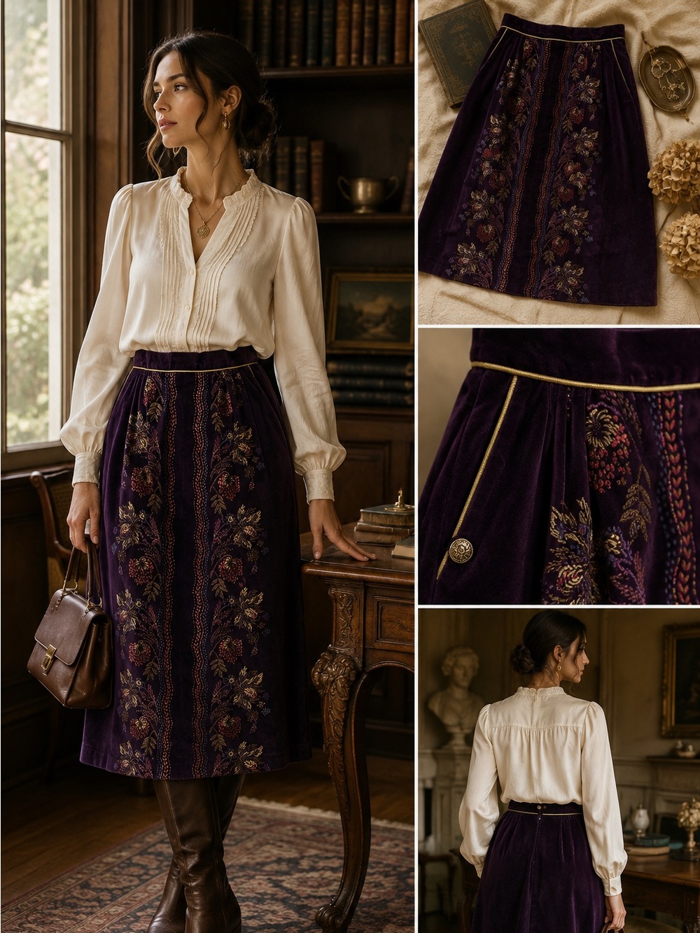 Vintage 70s M.J. Purple Velvet Floral Tapestry Skirt Size 3